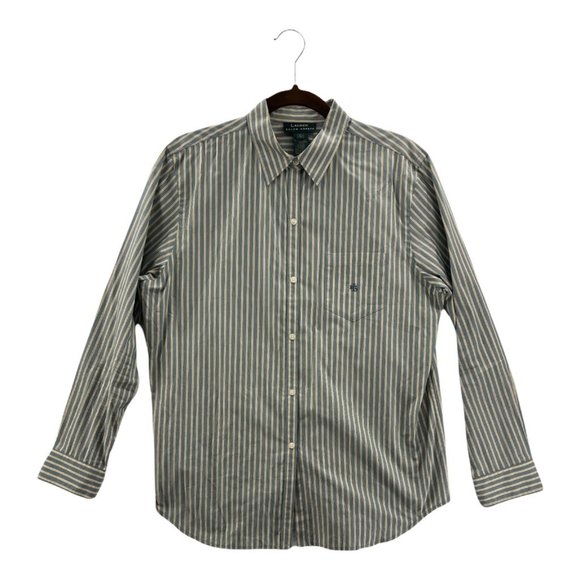 LRL Ralph Lauren Mens Button Front Shirt Green Beige Stripe Long Sleeve Pocket L - Picture 1 of 9